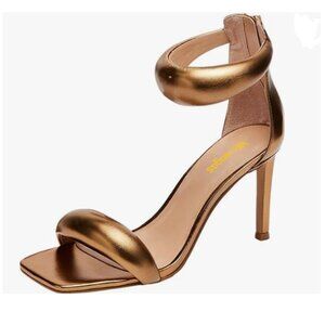 wo wagas Gold Ankle Strap Sandals High Stiletto Heel Zippers Square Toe Shoes
